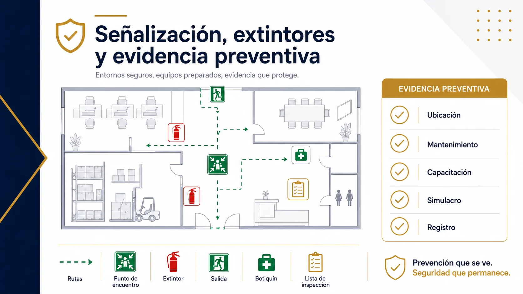 Señalización, extintores y evidencia preventiva en empresas.