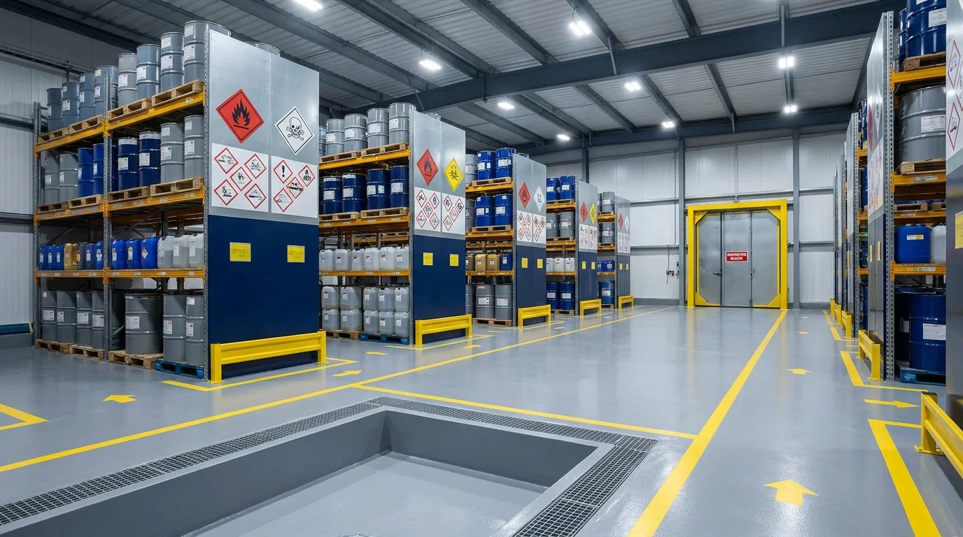 Bodega de materiales peligrosos señalizada conforme a la NTE INEN 2266: estanterías identificadas por clase de peligro, rombo NFPA y zona de acceso restringido