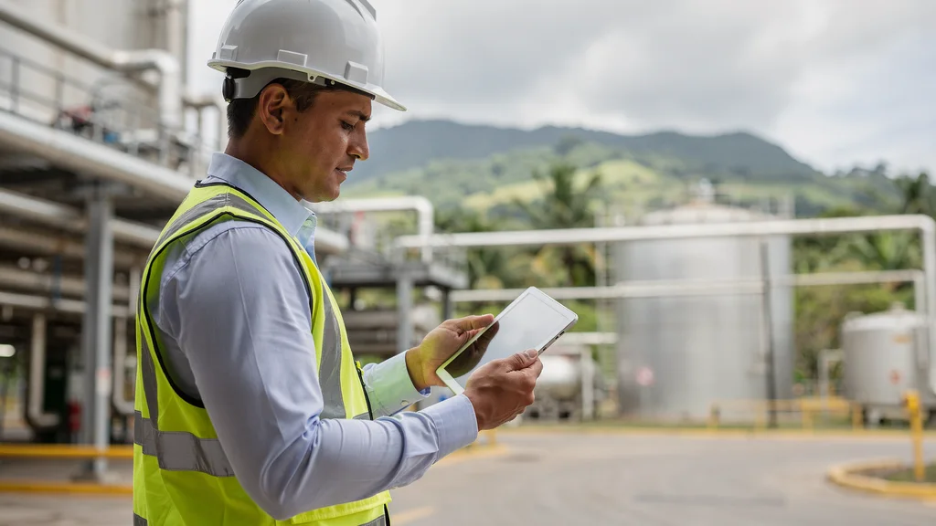 Ingeniero ambiental clasificando el nivel de impacto de un proyecto en una instalación industrial