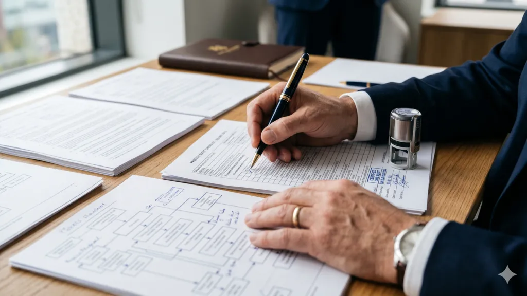 Auditor revisando la documentación del sistema de gestión de calidad antes de la certificación ISO 9001