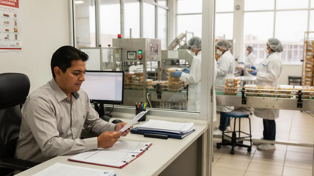 Profesional de alimentos revisa documentación técnica junto a la línea de producción de una planta procesadora.