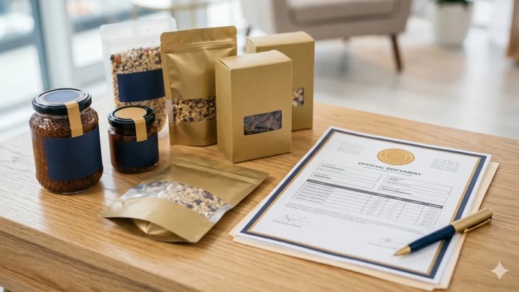 Productos alimenticios envasados junto a documentos del trámite de notificación sanitaria ARCSA