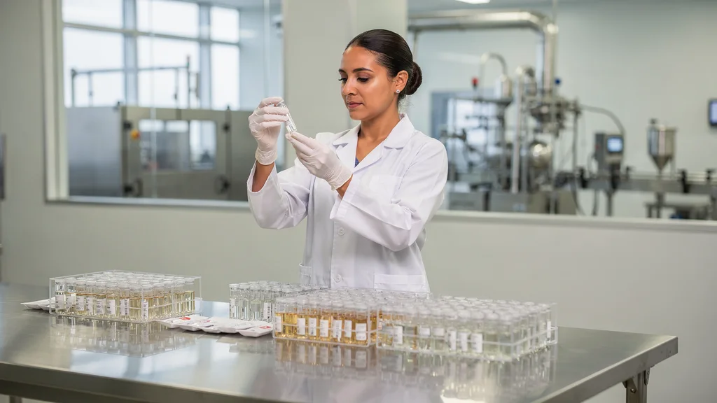 Profesional de control de calidad revisando productos farmacéuticos veterinarios en una planta