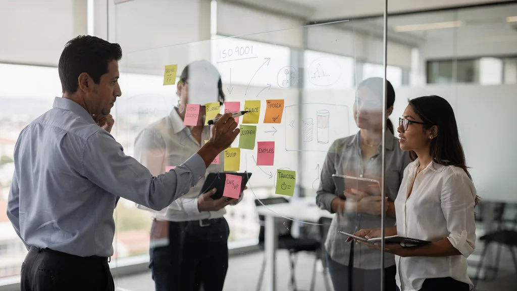 Equipo de proyecto mapeando las fases de implementación de ISO 9001 con notas adhesivas en una pizarra