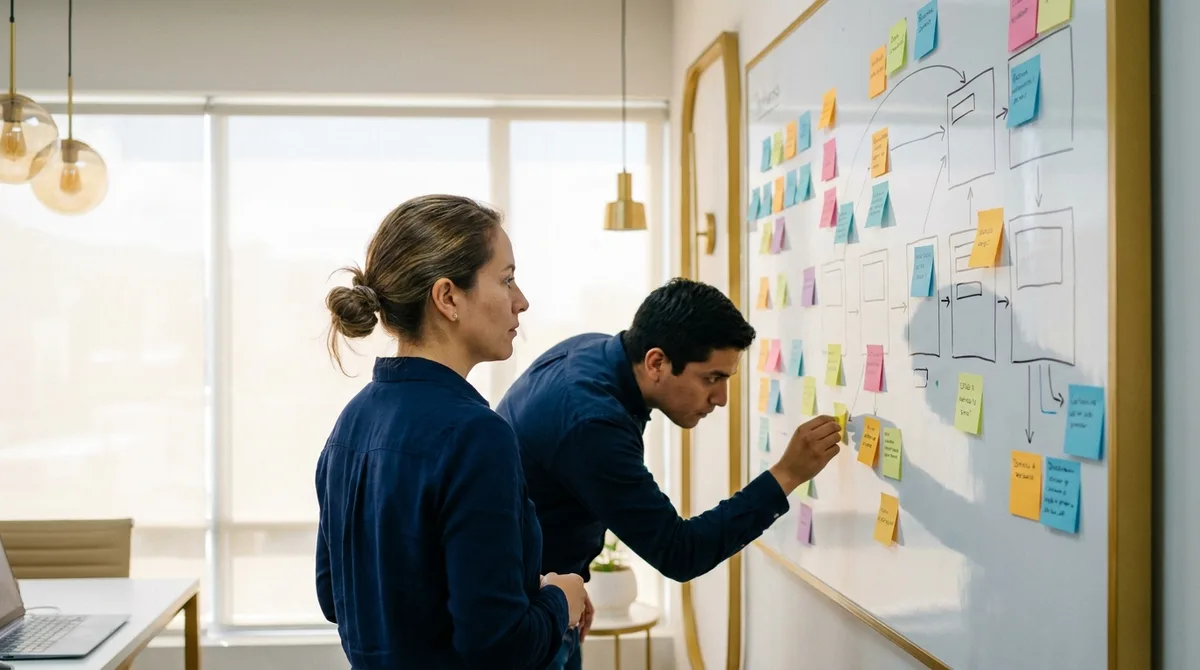 Analista modelando un proceso de compras con notación BPMN en la pizarra del equipo.