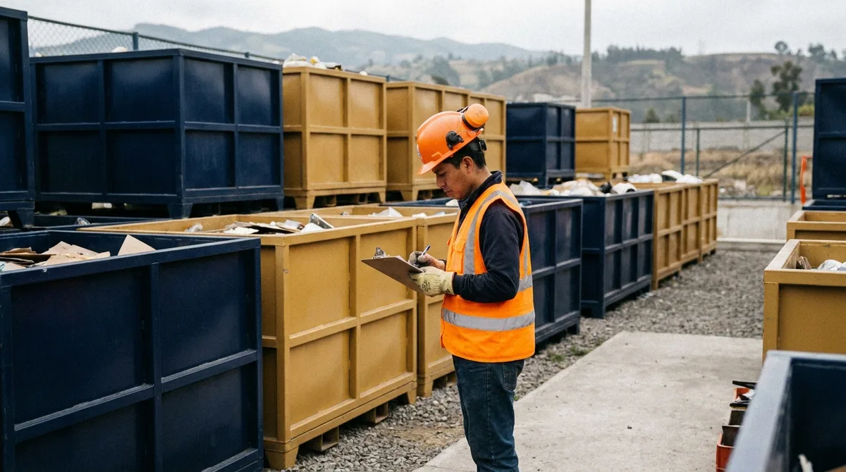 Área de acopio temporal de residuos clasificados en una planta industrial ecuatoriana, con recipientes rotulados.