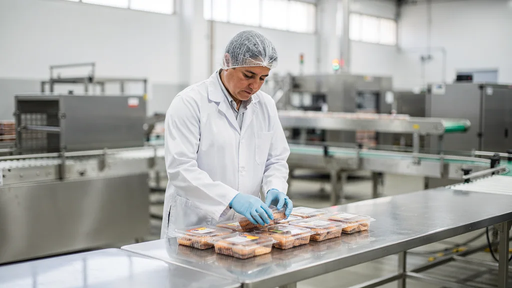 Profesional de calidad inspeccionando productos alimenticios envasados en una mesa de acero inoxidable