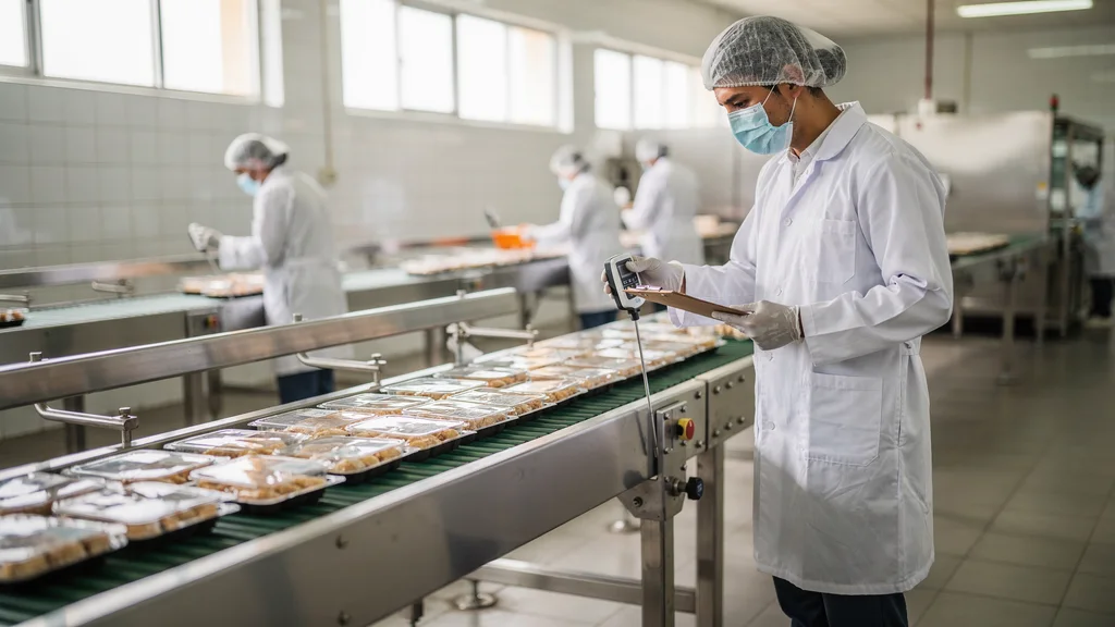 Técnico de inocuidad registrando un punto crítico de control en una línea de producción de alimentos