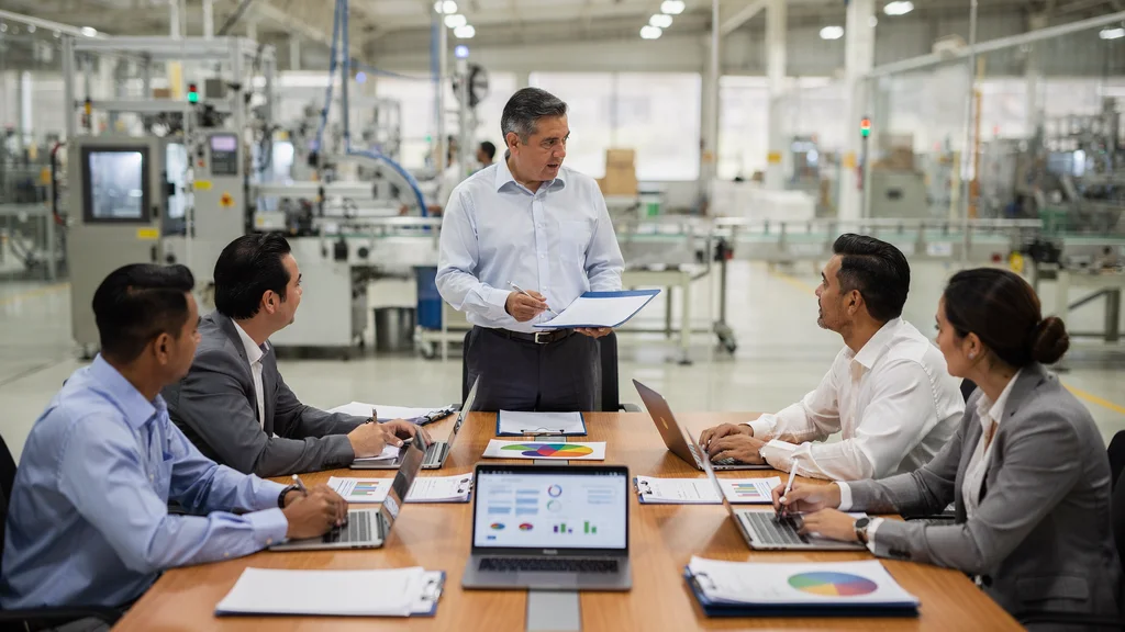 Gerente de calidad revisando procedimientos estandarizados con su equipo en una oficina industrial moderna