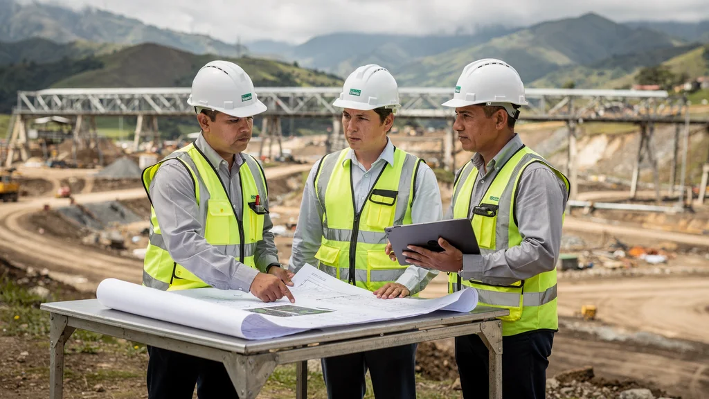 Especialista ambiental e ingenieros revisando un estudio de impacto en un proyecto industrial en Ecuador
