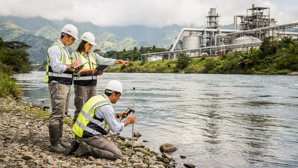 Equipo ambiental tomando mediciones y notas en campo junto a un proyecto industrial en Ecuador