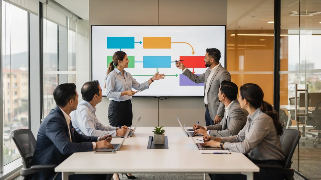 Equipo revisando un diagrama de procesos de un sistema de gestión de calidad en una oficina moderna