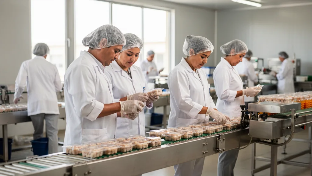 Operarios con uniforme y cofia aplicando buenas prácticas de manufactura en un área de producción de alimentos