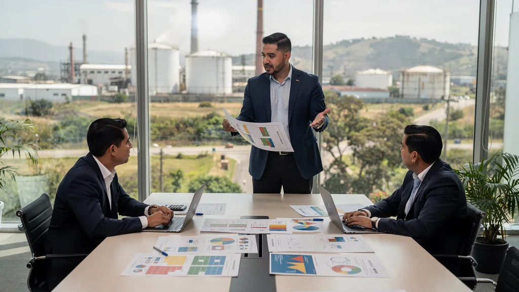 Consultor ambiental presentando los niveles de autorización según el riesgo de un proyecto a sus clientes