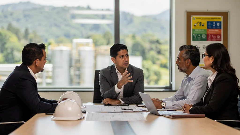 Especialistas evaluando los impactos ambientales de un proyecto industrial sobre agua, aire y suelo en Ecuador.