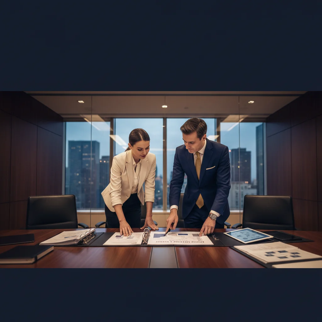 Comité de gerencia evaluando la matriz de riesgos empresariales por probabilidad e impacto.
